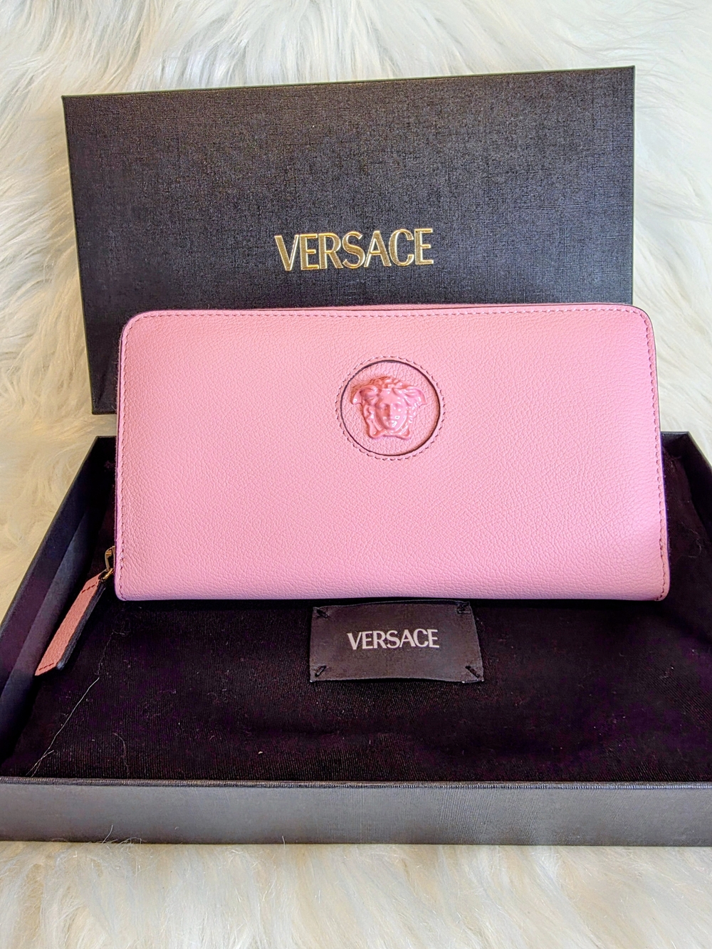 Versace La Medusa Continental Leather Zip-Around Wallet with Medusa Emboss New